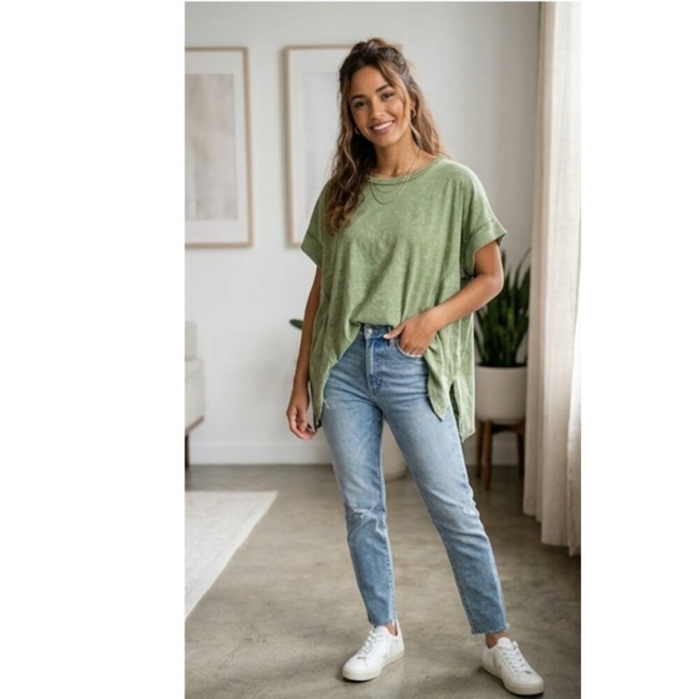 New In Sage Green Acid Wash Sharkbite Handkerchief Hem Festival Oversized Tee S